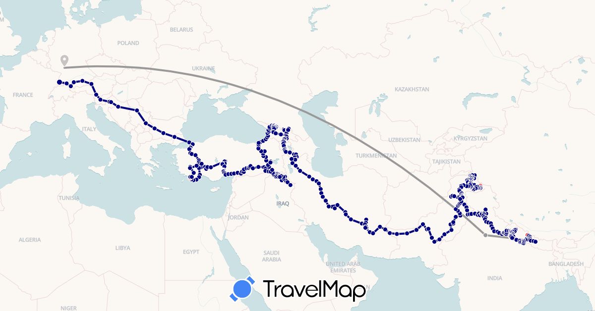 TravelMap itinerary: driving, bus, plane, hiking in Armenia, Austria, Bulgaria, Germany, Georgia, Croatia, India, Iraq, Iran, Nepal, Pakistan, Serbia, Slovenia, Turkey (Asia, Europe)